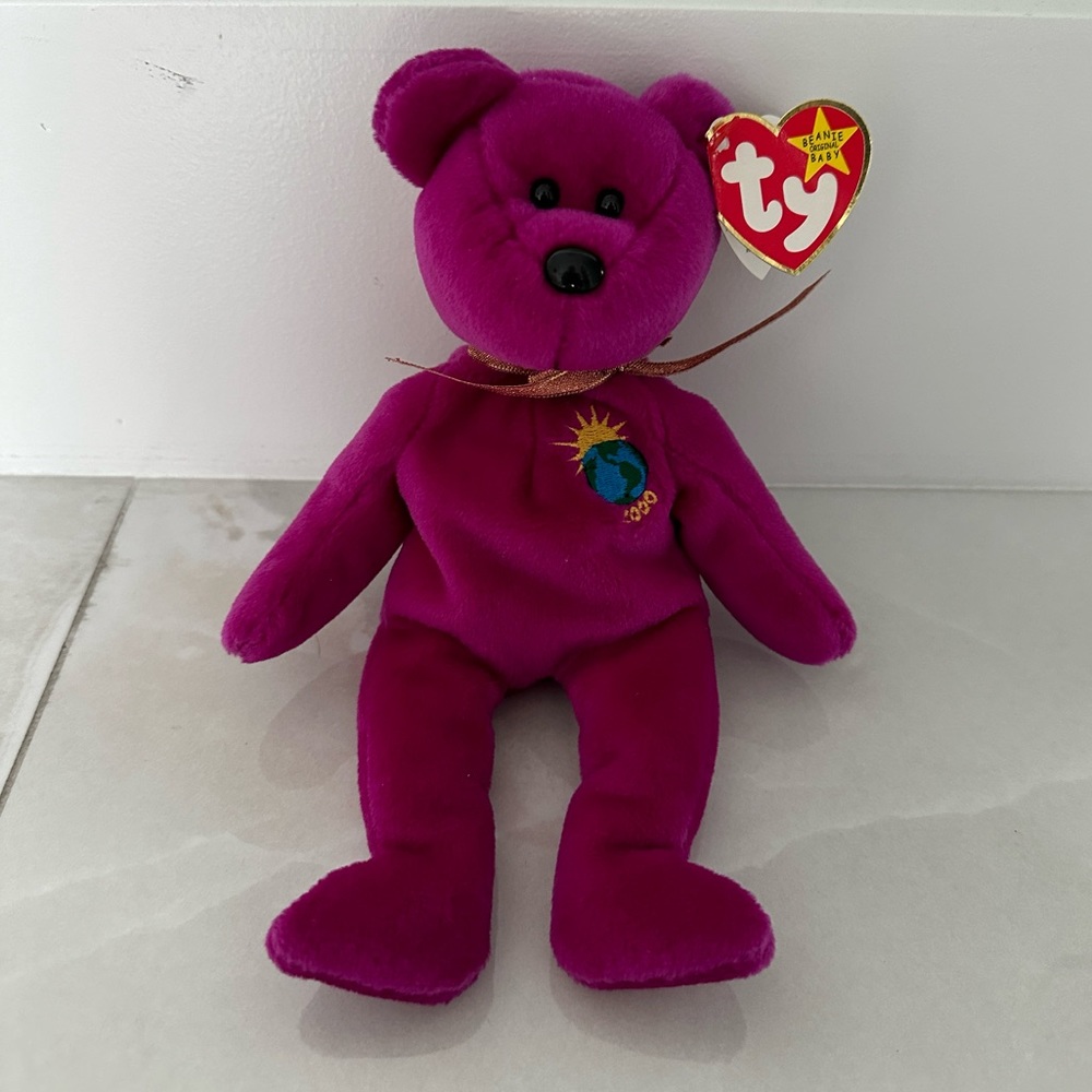 Vintage TY Beanie Baby Millennium 2000 Purple Bear with Misprinted Birthday